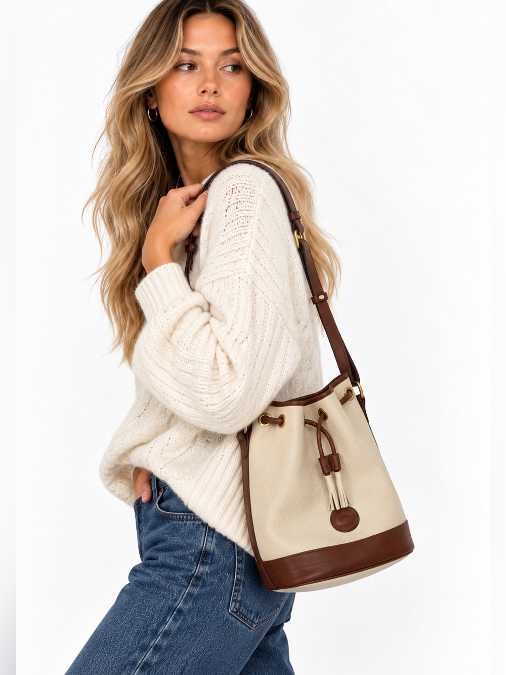 Vintage Dooney & Bourke Cream British Tan Leather Drawstring Bucket Bag